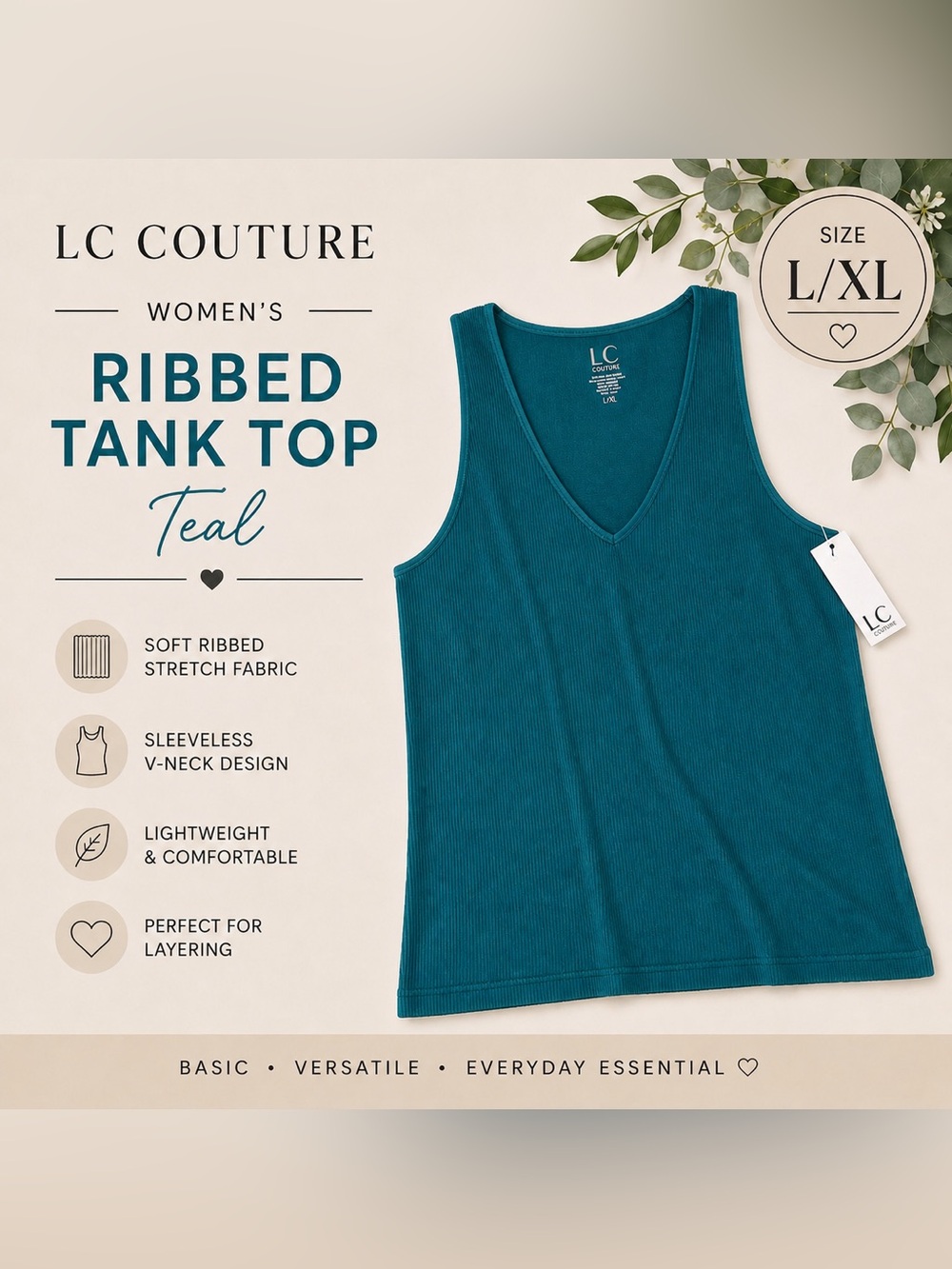 NWT LC Couture Teal Blue Ribbed V-Neck Tank Top L/XL Soft Stretch Sleeveless